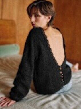 Sezane Black Lace-Trim Angora Blend Crewneck Sweater